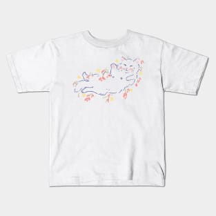 colorful fine line cat on grass with flowers Kids T-Shirt